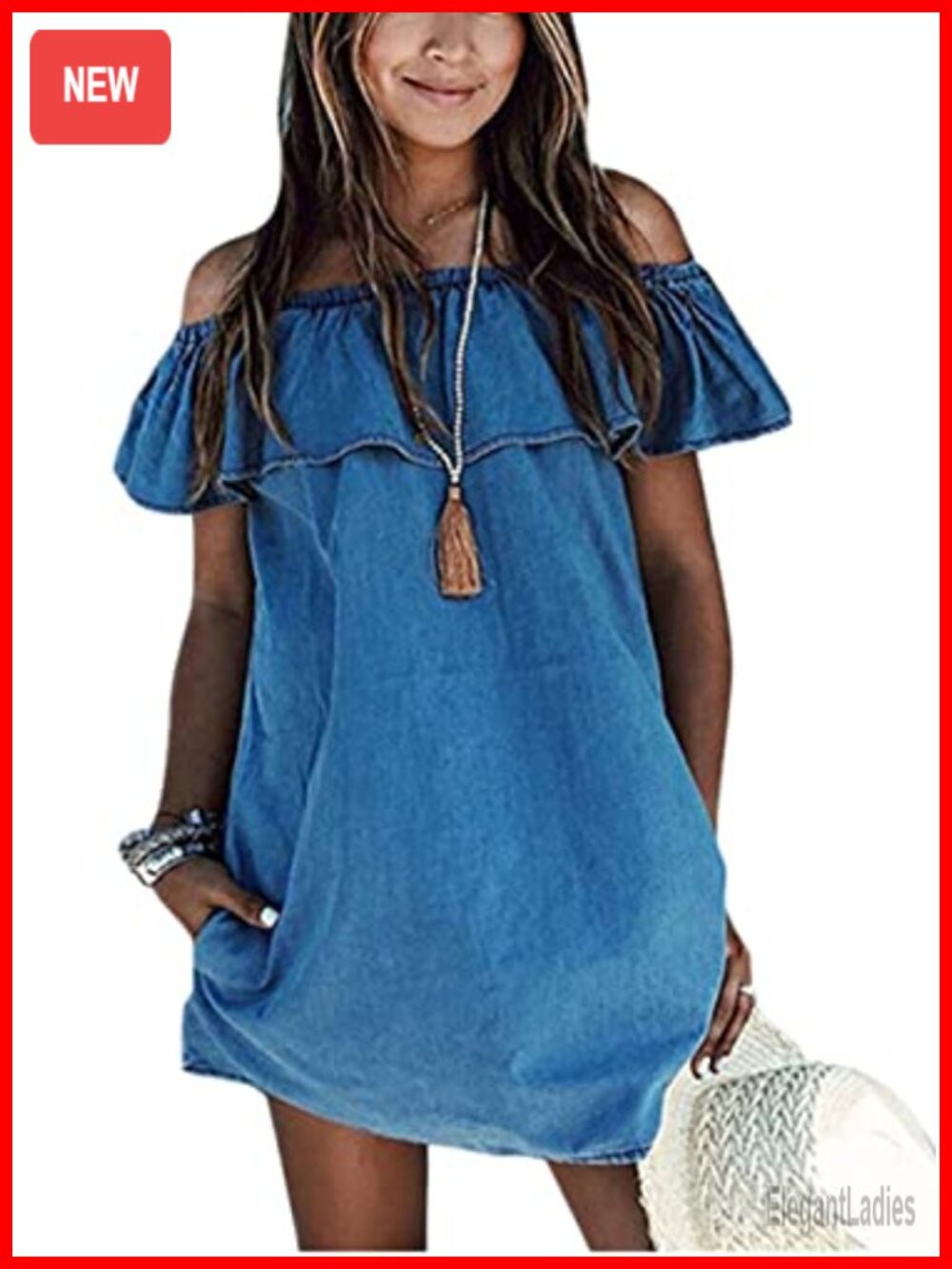 Denim Mini Dress Off Shoulder Ruffle Sleeve Casual Summer